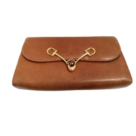 Rare Vintage 1970s Gucci Cognac Tan Leather 2-1 Bag | Green & Red Enamel with Go - Picture 5 of 13